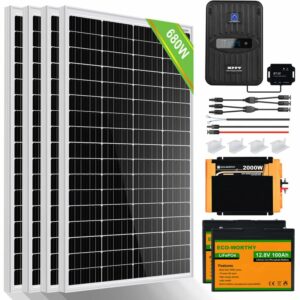 ECO-WORTHY solaranlage komplettset 680W 12V Solarsystem mit Batterie netzunabhängig für Wohnmobil: 4pcs 170W Solarmodul + 2 Stücke 100Ah