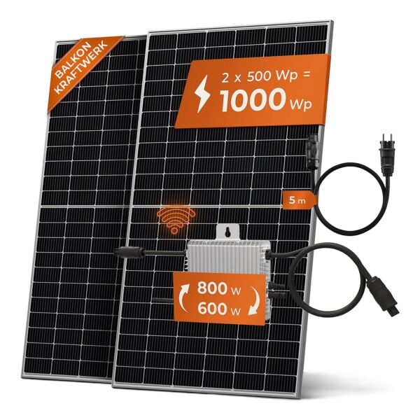 Solarway Balkonkraftwerk 1000W Komplett Steckdose, 600W/800W Ausgang ist einstellbar, 2 x 500W JaSolar-Module, 1 x Deye 800W Wechselrichter mit APP&WiFi, Plug&Play