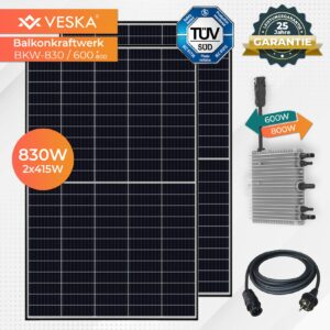 Veska Balkonkraftwerk 830 W / 600+800W Photovoltaik Solaranlage Steckerfertig WIFI Smarte Mini-PV Anlage 600 Watt genehmigungsfrei, Schwarz