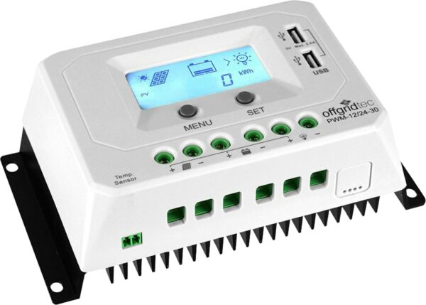 offgridtec Solarladeregler "PWM Pro Laderegler 12V/24V - 30A USB-Port", mit Verpolungsschutz, Integrierter Geräte-und Batterieschutz