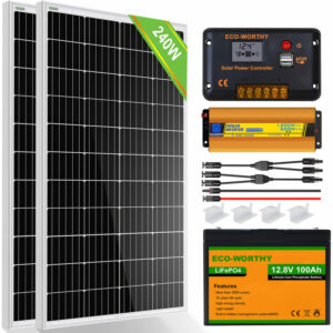 240W Solarpanel Kit solaranlage komplettset 1 kWh/Tag: 2pcs 120W Mono Solarpanel + 100Ah 12V LiFePO4 Lithium Batterie + 600W Wechselrichter + 30A