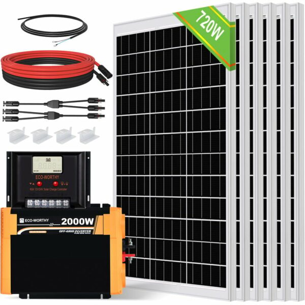 Eco-worthy - 3kWh solaranlage 720W 12V Solarpanel Kit mit Wechselrichter Solarmodul System für netzunabhängige Wohnmobile: 6 Stücke 120W Solarmodul +