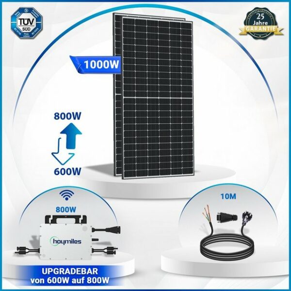 SOLAR-HOOK etm Solaranlage 1000W Photovoltaik Balkonkraftwerk mit HMS-800W-2T Wechselrichter, hochwertigen PV-Module, Antireflexbeschichtung, Monokristallin, Wasserdichtigkeitsklasse, Solaranlage steckerfertig für Ihr Haus, Plug & Play