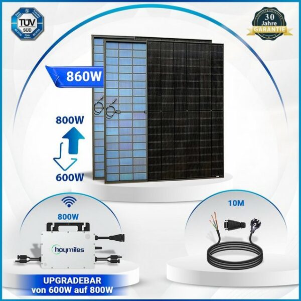 SOLAR-HOOK etm Solaranlage 860W Bifacial Balkonkraftwerk mit Hoymiles HMS-800W-2T WIFI, Upgradefähiger von 600W auf 800W Wechselrichter, Wasserdichtigkeitsklasse mit IP67 Schutzart, Dualer MPP-Tracker, steckerfertig für Ihr Haus, Plug & Play