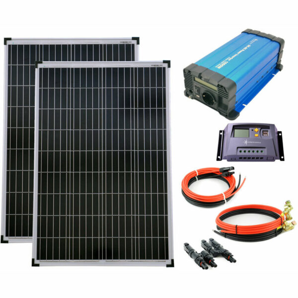 Set 2x100W Poly Solar Modul 20A Laderegler gelb Spannungswandler FS1000D 1000W reine Kabel Stecker