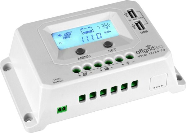 offgridtec Solarladeregler "PWM Pro Laderegler 12V/24V - 20A USB-Port", mit Verpolungsschutz, Integrierter Geräte-und Batterieschutz