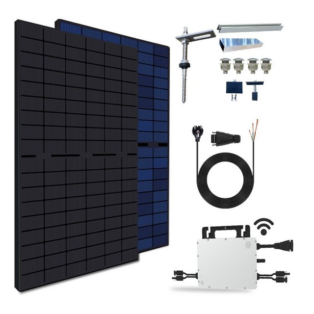 SOLAR-HOOK etm Solaranlage 860W Balkonkraftwerk Komplettset inkl. 430W Bifiziale Solarmodule, Hoymiles HMS-800-2T Upgradefähiger WIFI Wechselrichter 3M Schukostecker und Stockschrauben PV-Montage