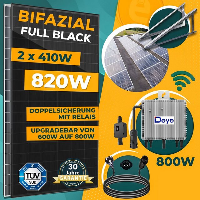 enprovesolar Solaranlage 820W Balkonkraftwerk Komplettset inkl. 410W Bifazial Solarmodule, Neu Generation Deye 800W WIFI Wechselrichter mit Relais, 5M Schuko Stecker und Aufständerung Süd Basis PV-Montage