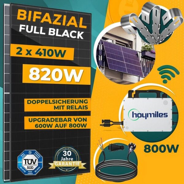 enprovesolar Solaranlage 820W Balkonkraftwerk Komplettset inkl. 410W Bifazial Solarmodule, Hoymiles HMS-800W-2T Upgradefähiger WIFI Wechselrichter, 10M Schuko Stecker und Balkongeländer Rund PV-Montage