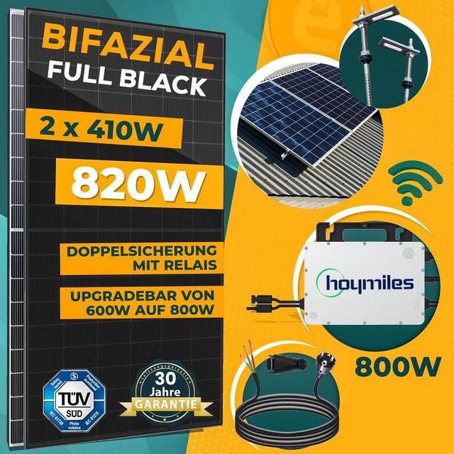 enprovesolar Solaranlage 820W Balkonkraftwerk Komplettset inkl. 410W Bifazial Solarmodule, Hoymiles HMS-800W-2T Upgradefähiger WIFI Wechselrichter, 10M Schuko Stecker und Stockschrauben PV-Montage