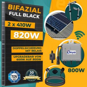 enprovesolar Solaranlage 820W Balkonkraftwerk Komplettset inkl. 410W Bifazial Solarmodule, Neu Generation Deye 800W WIFI Wechselrichter mit Relais, 10M Schuko Stecker und Stockschrauben PV-Montage