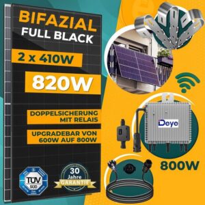 enprovesolar Solaranlage 820W Balkonkraftwerk Komplettset inkl. 410W Bifazial Solarmodule, Neu Generation Deye 800W WIFI Wechselrichter mit Relais, 10M Schuko Stecker und Balkongeländer Rund PV-Montage