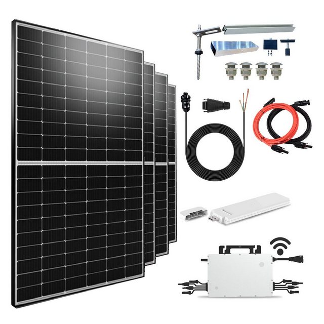 Campergold Solaranlage 2000W/1600W Balkonkraftwerk inkl. 500W Photovoltaik Solarmodule, Monokristalline mit PV Montage Stockschrauben Halterung und Hoymiles HMS-1600-4T WLAN Wechselrichter drosselbar von 1600W auf 800W/600W inkl. 10m Kabel Plus Verlängerungskabel