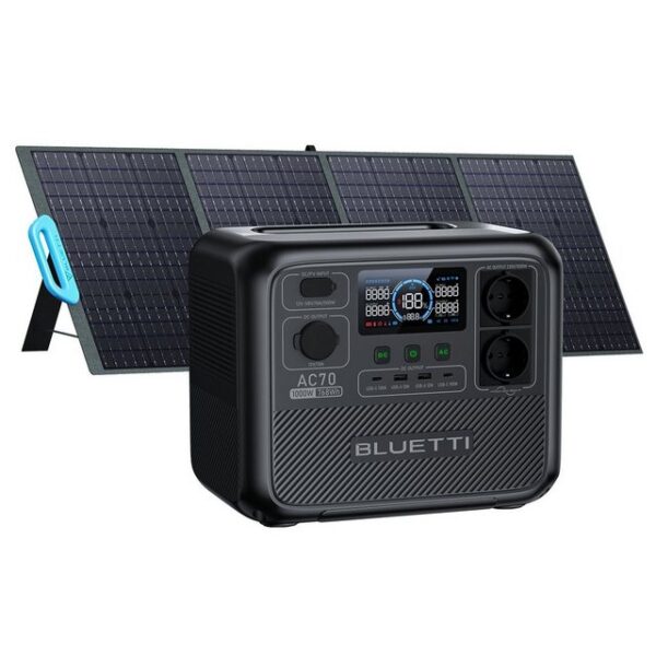 BLUETTI Stromerzeuger AC70 Solar generator mit Solar panel, 768Wh LiFePO4 Akku-Zelle, 1,00 in kW, (2 1000W AC Ausgänge, 100W Typ-C, mit PV200 200W Solar Panel), für Reise, Camping