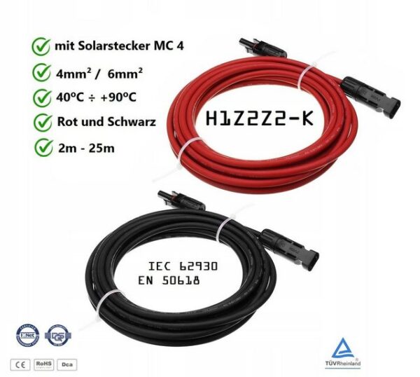 Corab S.A. Kabel 4mm/6mm H1Z2Z2-K Solarkabel, MC4 (1000 cm), Rot/Schwarz