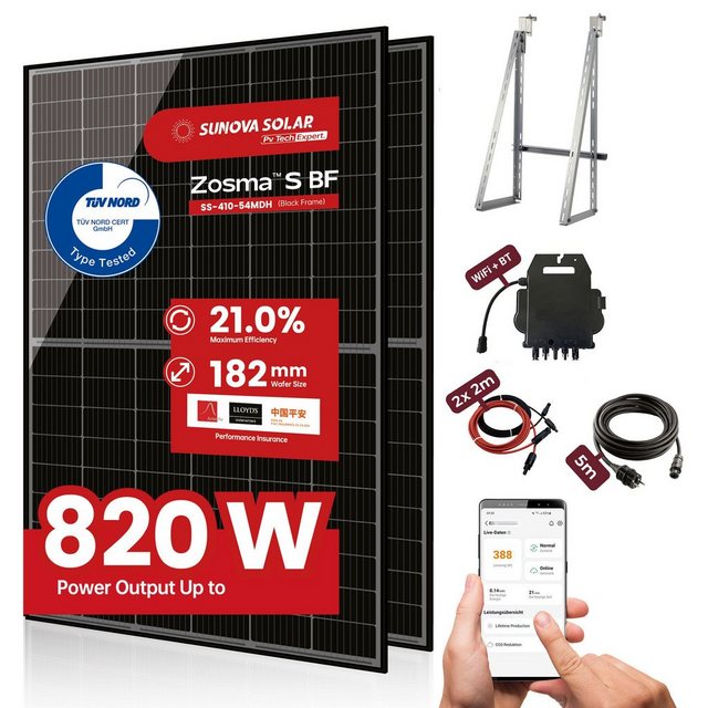 SUNOVA Solar Solaranlage Balkonkraftwerk 820W SunovaSolar 800W Inverter 5m Schukokabel 2x2m DC