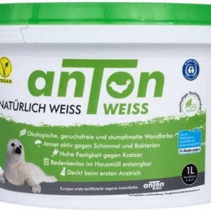 anTon Weiss Wandfarbe Geruchsfreie weisse Wandfarbe mit Power Deckkraft - NEU in 1L, umweltfreundlich, matt,1l,vegan,allergikerfreundlich,hochdeckend