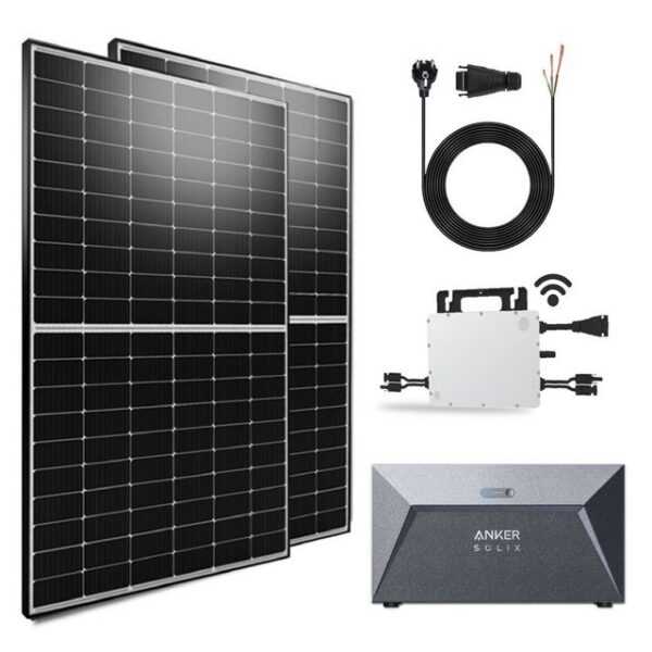 EPP.Solar Solaranlage 1000W/800W Balkonkraftwerk Komplettset mit 1.6KW Anker Solarspeicher, 1000,00 W, Monokristalline und Plug & Play inkl 2 x 500W Solarmodule und Wechselrichter Hoymiles HMS-800 Drosselbar von 800w auf 600w mit Wifi funktion plus 10m Schukokabel