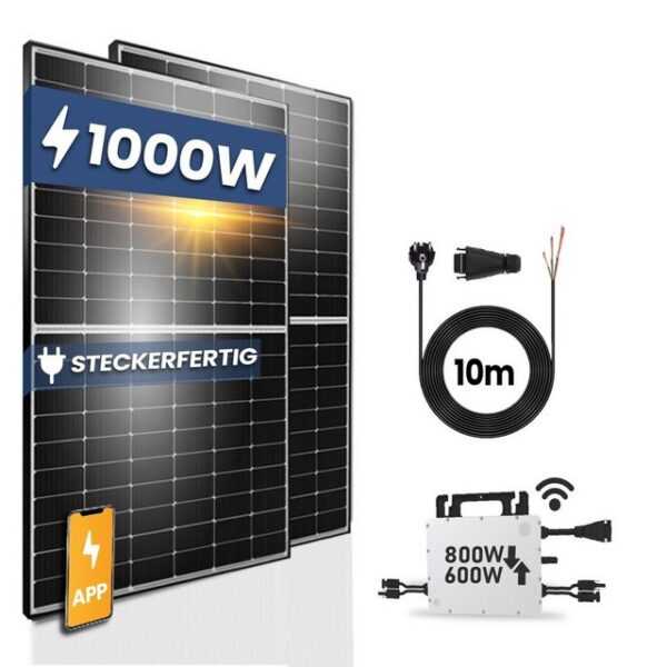 EPP.Solar Solaranlage 1000W/800W upgradefähiger Photovoltaik Balkonkraftwerk Mini-PV Anlage, 1000,00 W, Monokristallin, (Komplettset und Hoymiles HMS-800W-2T drosselbar WLAN Mikrowechselrichter Plus 10m Kabel), Balkon-Solaranlage steckerfertig für Ihr Haus, Plug & Play