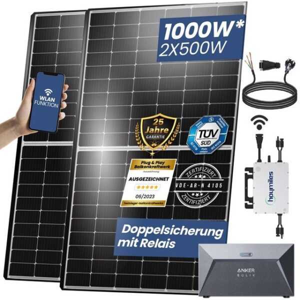 EPP.Solar Solaranlage 1000W/800W upgradefähiger Photovoltaik Balkonkraftwerk Mini-PV Anlage, (Komplettset 1000W Balkonkraftwerk mit Speicher und 800W Wechselrichter Hoymiles HMS-800 Drosselbar von 800w auf 600w mit Wifi funktion plus Anker 1600 Solarspeicher inkl 10m Schukokabel und Plug & Play)