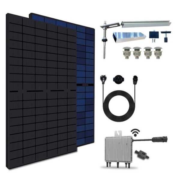 EPP.Solar Solaranlage 860W/800W Balkonkraftwerk mit Halterung inkl Bifaziale Solarmodule, (860W mit PV-Montage Stockschrauben Halterung und Neu Generation Deye 800W/600W drosselbar WIFI Wechselrichter mit Relais und 10m Kabel)