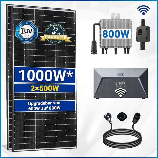 SOLAR-HOOK etm Solaranlage 1000W Balkonkraftwerk Set inkl. 2x500W Solarmodule, Anker SOLIX Solarbank E1600 Solarspeicher, 10m Schukostecker und Neu Generation Upgradefähiger Deye 800W WIFI Wechselrichter mit Relais