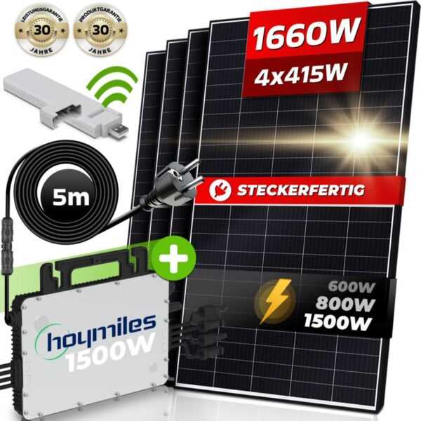 Solaranlage Balkonkraftwerk Set 1660 w / 600-800W, Monokristallin, Hoymiles Micro Inverter 600W Upgradebar auf 800W, - Vendomnia