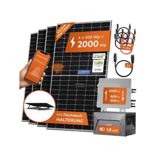 Solarway Balkonkraftwerk 2000W Komplett Steckdose mit 1,6kWh Anker Speicher - Ausgang einstellbar 600/800/2000W - 4x500W JaSolar-Module, Wechselrichter mit APP&WiFi, Plug&Play