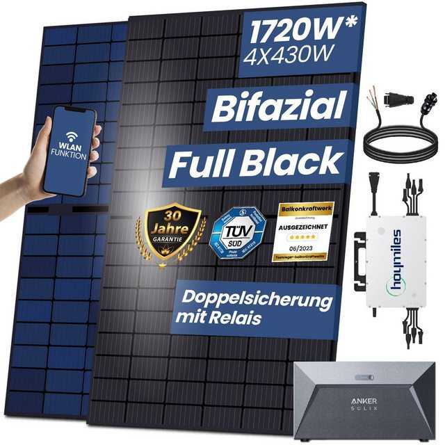 Stegpearl Solaranlage 1720W Balkonkraftwerk mit Speicher inkl Bifaziale Glas Solarmodule, 1720,00 W, Monokristallines und Hoymiles HMS-1600-4T Wechselrichter mit Anker 1,6kWh Batteriespeicher, (Komplettset), Balkon-Solaranlage steckerfertig für Ihr Haus Mini-PV Anlage