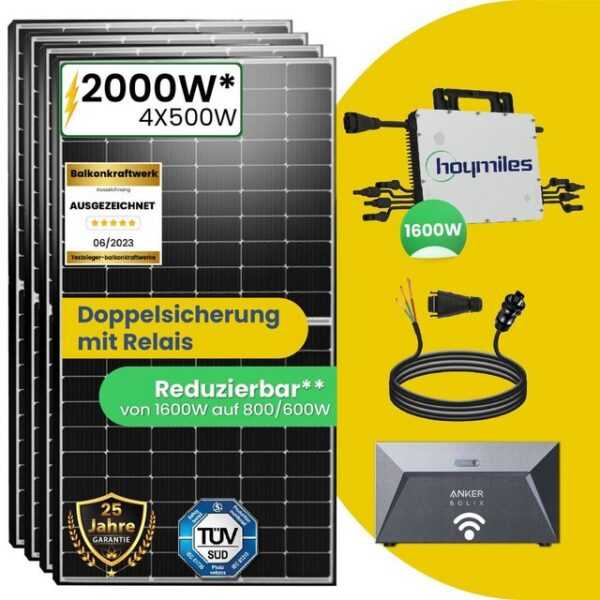 Stegpearl Solaranlage 2000W/1600W Balkonkraftwerk Komplettset Mini-PV Anlage, (2000W Balkonkraftwerk mit Speicher Anker SOLIX Solarbank E1600 Solarspeicher und Hoymiles HMS-1600-4T Mikrowechselrichter Plus 10m Wielandstecker)