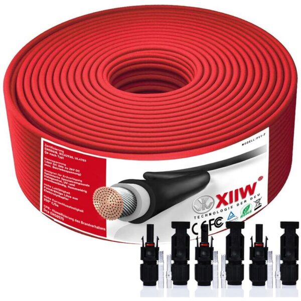 Xiiw - 4mm² Rot 50m Solarkabel Solar Verlängerungskabel mit 4x 30A Solarstecker Photovoltaik Solarkabel Verlängerung IP67 Wasserdichter Rot für