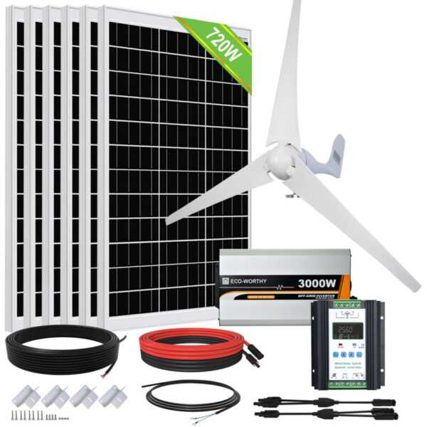 1120W 24V Solaranlage Hybrid Kit mit 400W Windgenerator,6 Stück 120W Mono Solarpanel Solarmodul und 3000W 24V Wechselrichter für Haus, Schuppen,