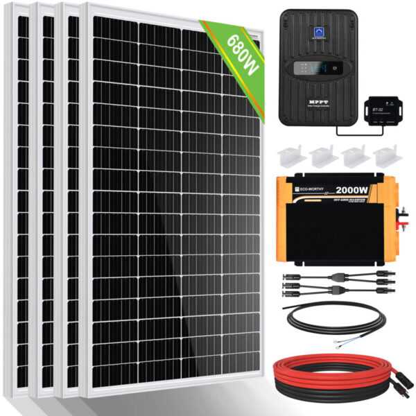 Eco-worthy - solaranlage komplettset 680W 12V Solarsystem mit Batterie netzunabhängig für Wohnmobil: 4pcs 170W Solarpanel + 2000W 12V Wechselrichter