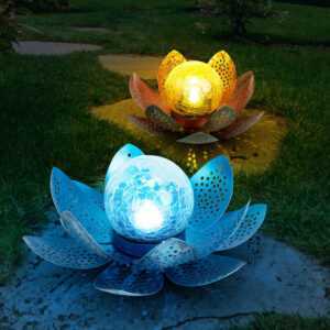 Etc-shop - Asia Garten Lotusblüte Deko Solar Lotusblüte für Außen Garten Deko Leuchten, Crackle Glas Metallblätter, 1x led, 2er Set