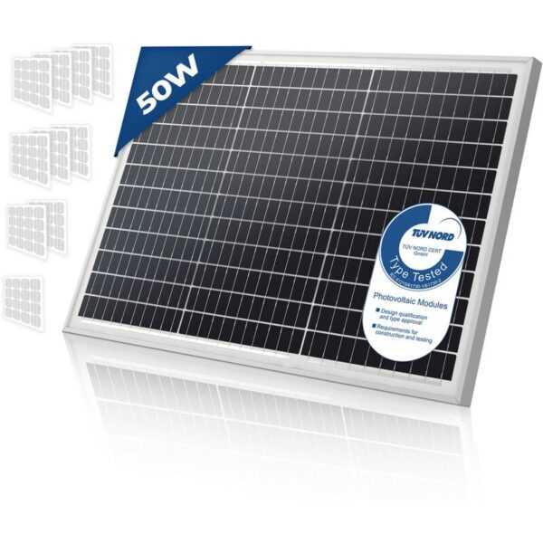 Solarpanel Monokristallin - 50 W, 18 V für 12 V Batterien, Photovoltaik, Ladekabel, Silizium - Solarzelle, Solaranlage für Wohnwagen, Camping,