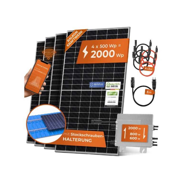 Solarway Balkonkraftwerk 2000W Komplett Steckdose – Ausgang einstellbar 600/800/2000W – 4x500W JaSolar-Module, Wechselrichter mit APP&WiFi, Plug&Play