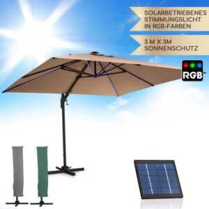 Sonnenschirm für Balkon, Sonnenschirm mit Solarpanel & led Beleuchtung, Wasserdicht & UV-Schutz, Balkon Sonnenschirm für Terrasse, Balkon & Garten,