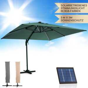 Sonnenschirm für Balkon, Sonnenschirm mit Solarpanel & led Beleuchtung, Wasserdicht & UV-Schutz, Balkon Sonnenschirm für Terrasse, Balkon & Garten,