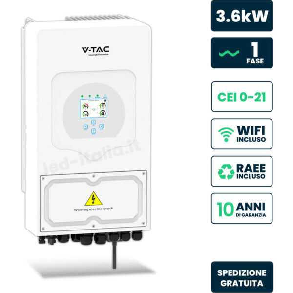 V-tac - 3,6 kW einphasiger Hybrid-Wechselrichter mit integriertem Zähler, WiFi und Stromwandler inklusive 10 Jahre Garantie IP65