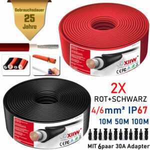 Xiiw - 2PACK Solarkabel Rot+Schwarz 100+100m 4mm² 12AWG 1800V Verlängerungskabel inkl.Solarstecker Halogenfrei IP67 Doppelt Isolierter Qualitätsdraht