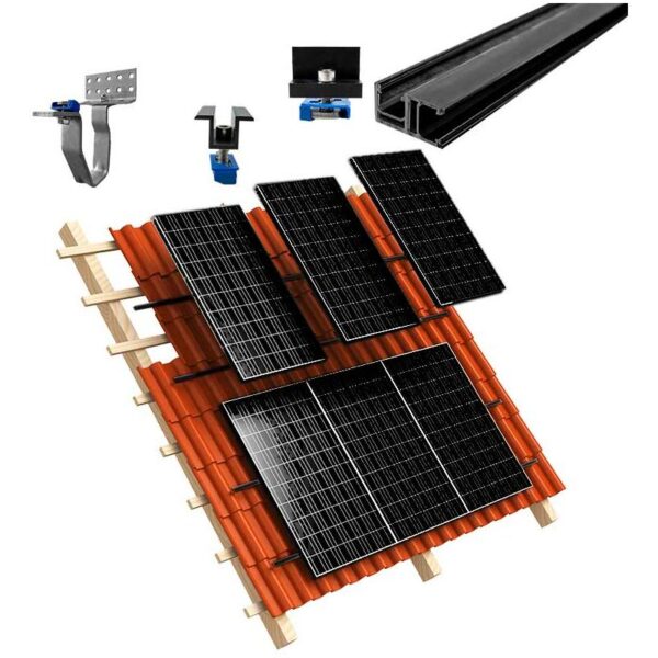 1-reihiges Solar-easy Klicksystem, schwarz, Hochkant-Verlegung, Dachpfanne für 8 Module Rahmenhöhe 32mm