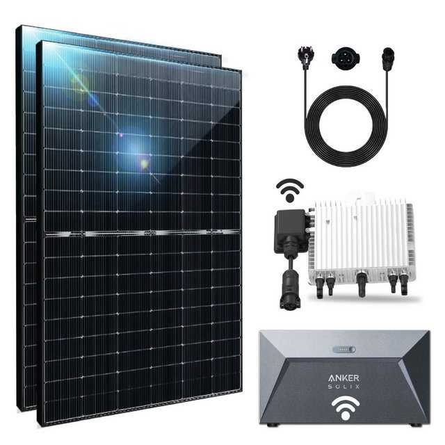 Campergold Balkonkraftwerk mit Speicher 1000W/800W Komplettset 550W Bifazial Solaranlage, Monokristallin Plug & Play DEYE 800W Wechselrichter drosselbar auf 800W/600W und 1,6 kWh Solarspeicher von Anker Plus 10m Kabel