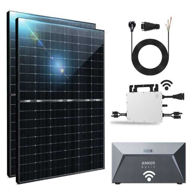 Campergold Balkonkraftwerk mit Speicher 880W/800W Komplettset 1,6 kWh Solarspeicher von Anker, 880,00 W, Monokristallin Plug & Play 440W Bifazial Photovoltaik Solaranlage mit Hoymiles 800W WLAN Wechselrichter drosselbar auf 800W/600W Inkl. 10m Kabel