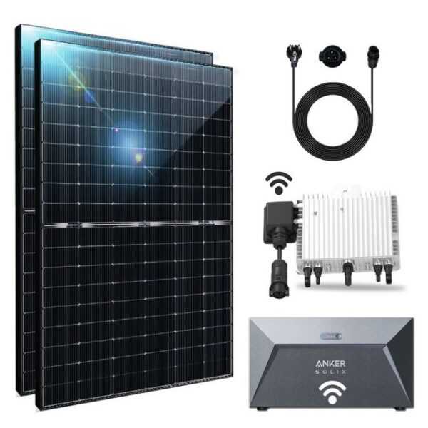 EPP.Solar Solaranlage 1000W Balkonkraftwerk mit Speicher Photovoltaik Bifazial Solaranlage, Monokristallin Plug & Play DEYE 800W Wechselrichter mit Relais drosselbar auf 800W/600W 1,6 kWh Anker Solarspeicher Plus 10m Kabel