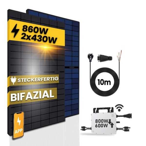 EPP.Solar Solaranlage 860W/800W Balkonkraftwerk inkl Sunpro 430W Bifazial Solarmodule, Monokristalline, (Plug & Play Komplettset mit Hoymiles HMS-800-2T Upgradefähiger von 600W auf 800W WLAN Mikrowechselrichter mit 10m Kabel)