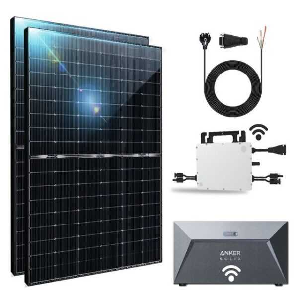 EPP.Solar Solaranlage 880W/800W Balkonkraftwerk mit Speicher 440W Bifazial Solaranlage, (Komplettset Plug & Play Hoymiles 800W Wechselrichter drosselbar auf 800W/600W 1,6 kWh Anker Solarspeicher Plus 10m Kabel)