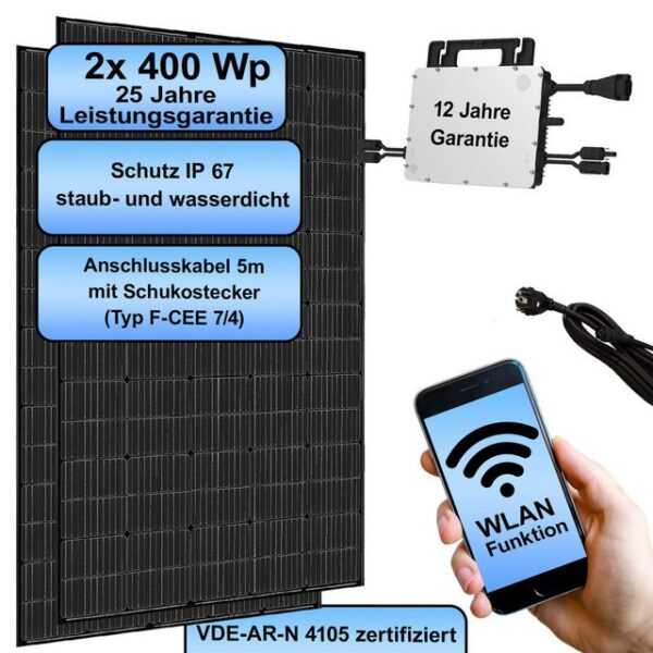 Hyrican Balkonkraftwerk 800Wp, 2x Solarpanel 400W multi busbar, (Hoymiles Micro-Wechselrichter HMS-800W-2T Wi-Fi)