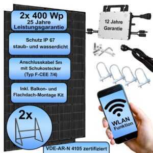 Hyrican Balkonkraftwerk 800Wp, 2x Solarpanel 400W multi busbar, (Hoymiles Micro-Wechselrichter HMS-800W-2T Wi-Fi), inklusive Montage-Kit multifunktional