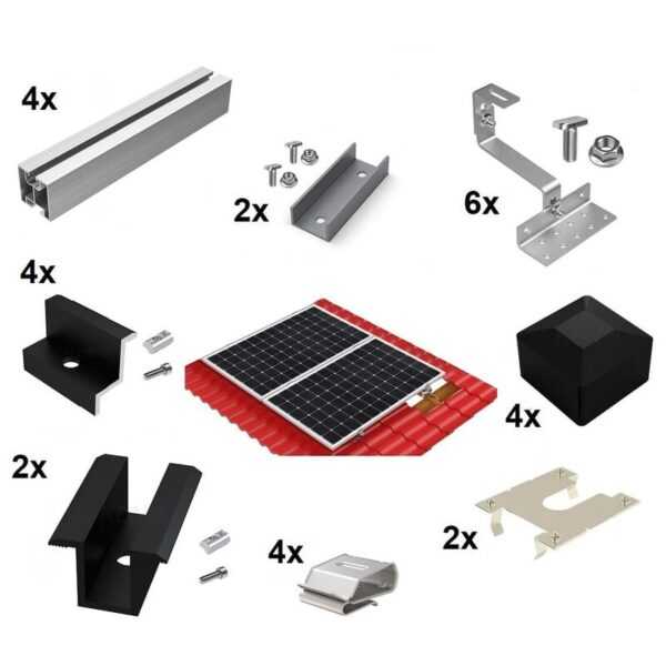 Montage Set 2 Module Solar Photovoltaik Ziegeldach 30mm Befestigung Schwarz 0%