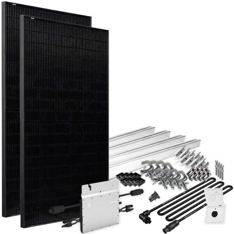 Offgridtec – Solar-Direct 860W HM-600 Balkonkraftwerk Full Black Schuko-Anschluss – 10m Anschlusskabel – Montageset Balkongeländer